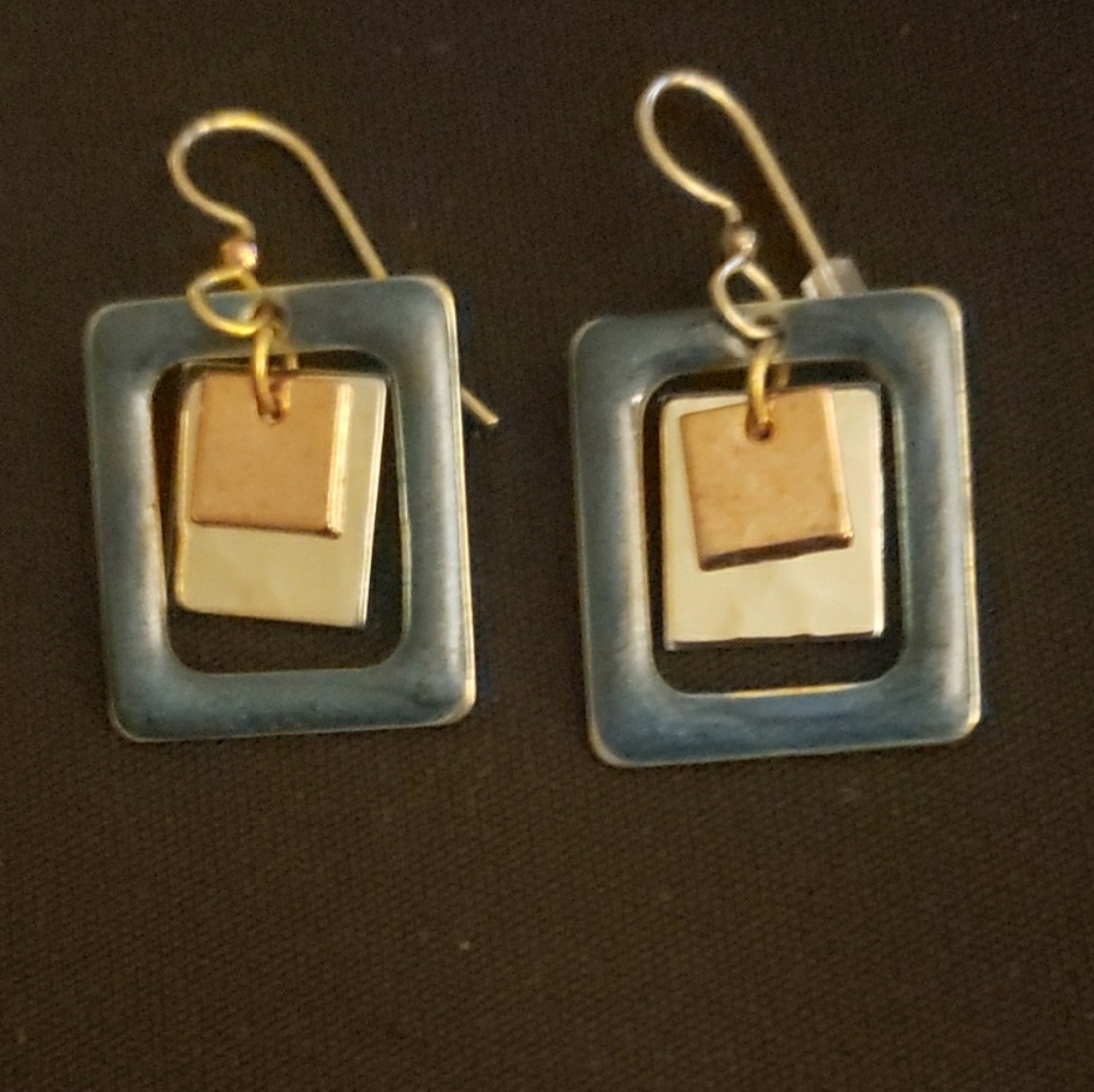 Chic Blue and Gold Rectangular Earrings